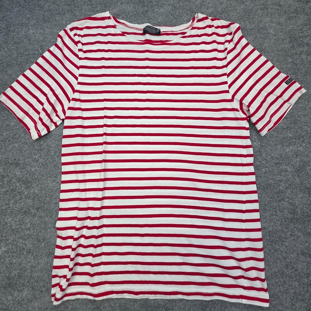 Captain Corsaire T Shirt Size Large L White Red Striped Nautical Top Round Neck